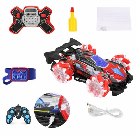 Távirányítós kaszkadőr autó LED fénnyel és füst effekttel – spray funkciós RC játék (1:16) piros