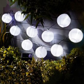   Szolár lampion fényfüzér - 10 db fehér lampion, hidegfehér LED - 3,7 m