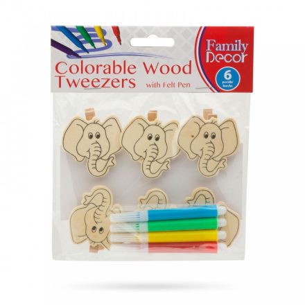 Színezhető fa csipesz filctollal - elefánt - 5 cm
