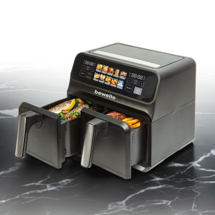 BEWELLO Olaj nélküli fritőz - XXL - 230V - 2200W - dupla kosár, színes érintőkijelző - 4+4 L