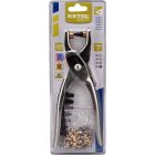 EXTOL CRAFT bőrlyukasztó klt.; fogó 225mm + 6 db lyukasztó fej: 2,5-3,0-3,5-4,0-4,5-5mm + 2 db szegecselő fej + 100 db szegecs