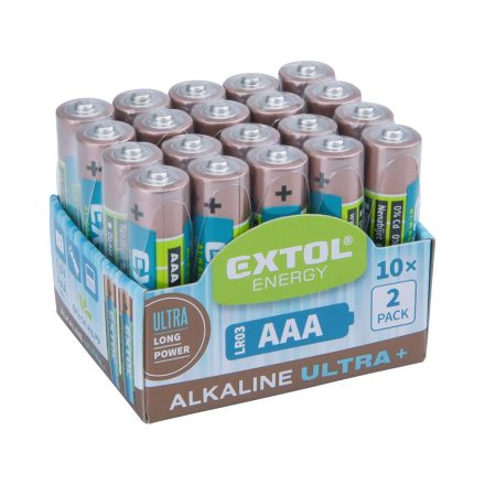 EXTOL elem klt. 20 db, alkáli, 1,5V, méret: AAA (LR03); hosszú étettartam, 10×2db-os kínálóban