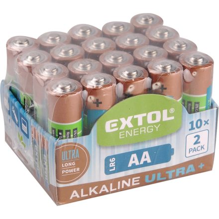 EXTOL elem klt. 20 db, alkáli, 1,5V, méret: AA (LR6); hosszú étettartam, 10×2db-os kinálóban