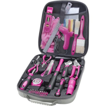EXTOL szerszámkészlet, 68db; Extol Lady, rózsaszín, fogó, csavarhúzók, kalapács, BIT-ek, melegragasztó pisztoly, LED-lámpa