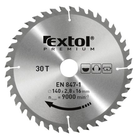 EXTOL körfűrészlap, keményfémlapkás, 250×30mm(lyuk átm), T60; 3,2mm lapkaszélesség, max. 6500 ford/perc