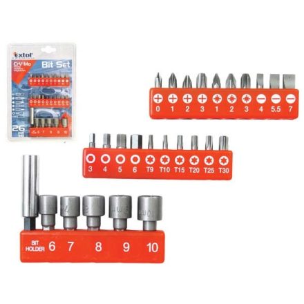 EXTOL bit klt. 26db CV.-Mo ; PH,PZ,lapos,torx, hexagonális, mágn. bittartó, dugókulcsok