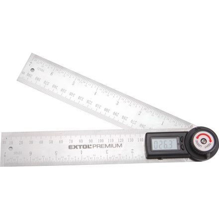 EXTOL digitális szögmérő-vonalzó, szög- és hosszmérésre, 0-360°, pontosság: ±0,3°, 2×200 mm Inox szár mm és coll beosztással
