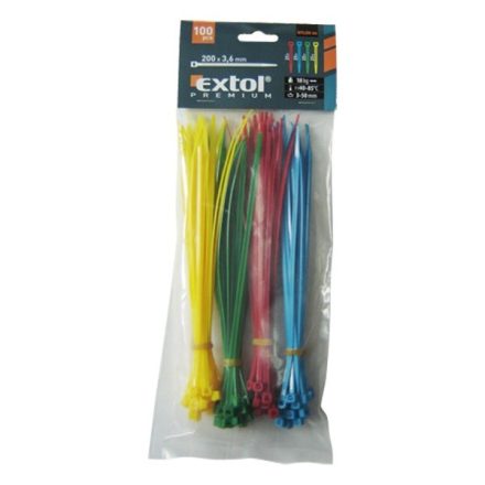 EXTOL kábelkötegelő 3,6×200mm 100db, 4 színű (piros, kék, sárga, zöld), nylon;